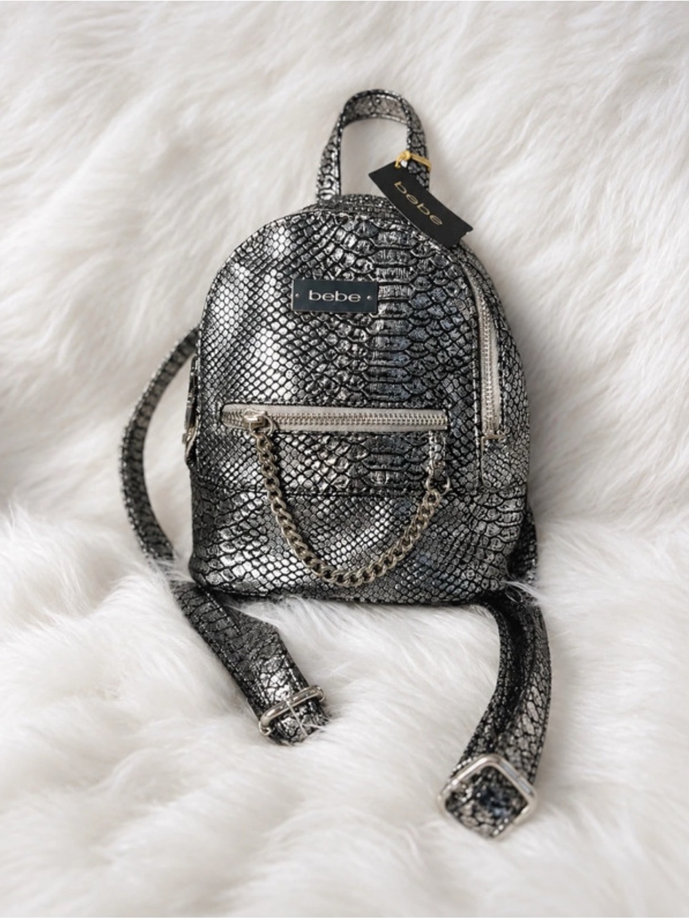 Metallic Black Textured Mini Backpack - Women